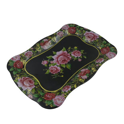 Elegant stainless steel serving tray holding cups and snacks, ready for guests.