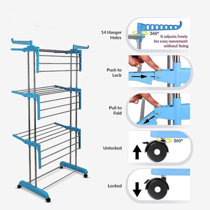Stainless steel clothes drying stand with six adjustable wings for versatile drying.