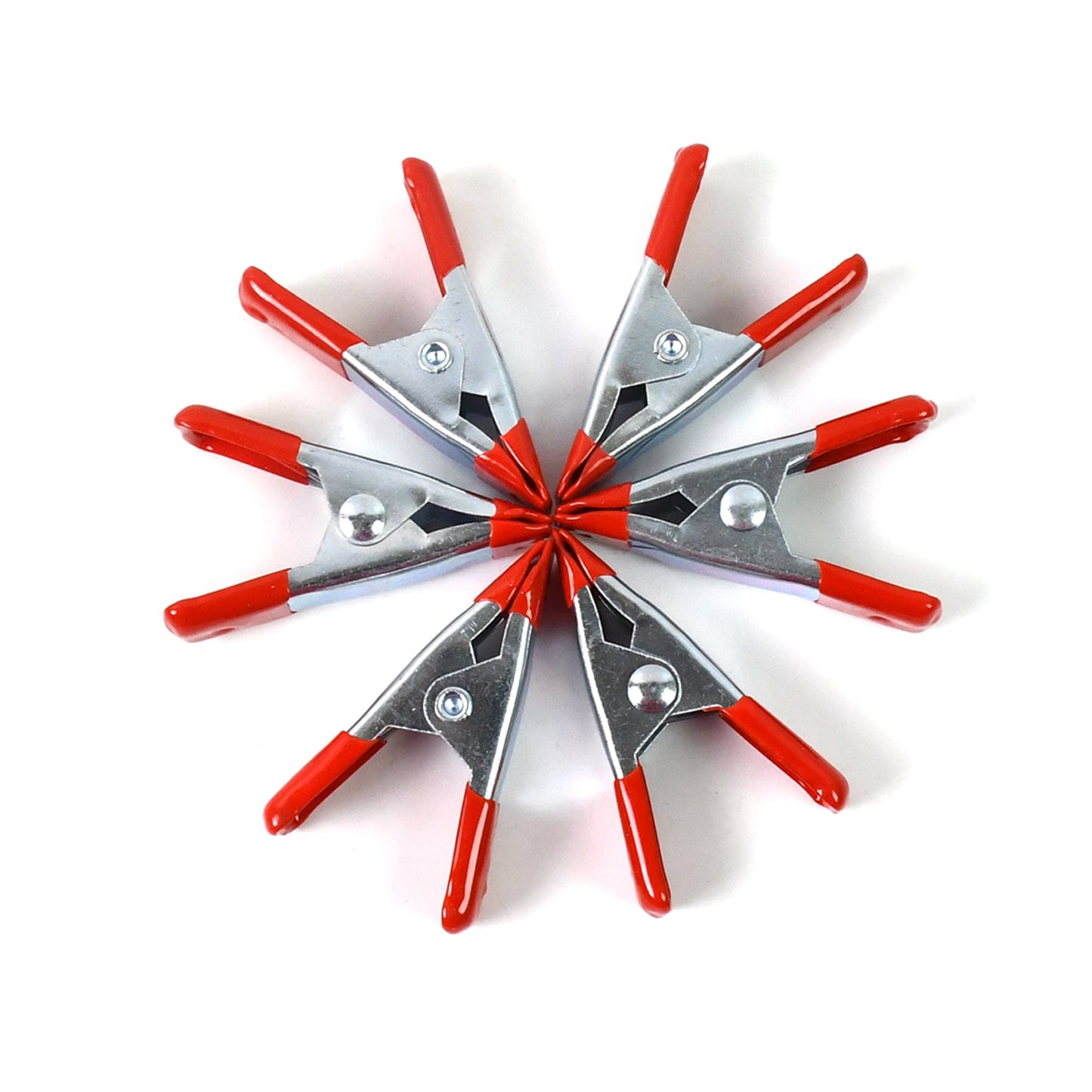 Detail of the 2-inch metal spring clamp's rotating jaw pads providing a tight, secure grip.