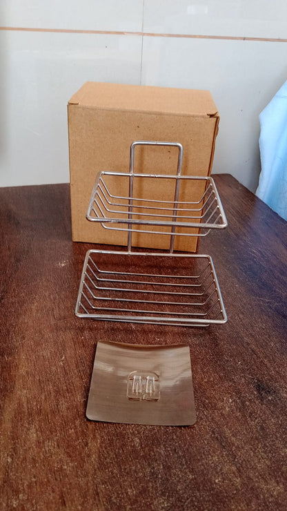 Sleek stainless steel self-adhesive wall mounted soap dish with integrated hooks.