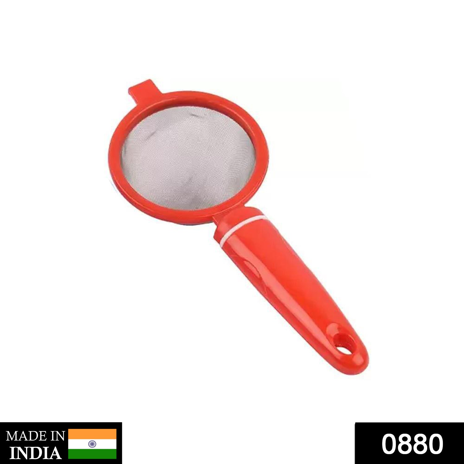 Hand holding a durable plastic tea strainer sieve for everyday kitchen use.