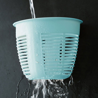Collection of hanging plastic storage baskets in various colors, demonstrating versatility.