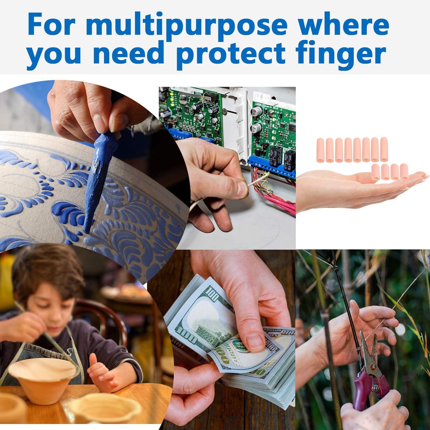 Individual silicone finger cap snugly protecting a finger from irritation.