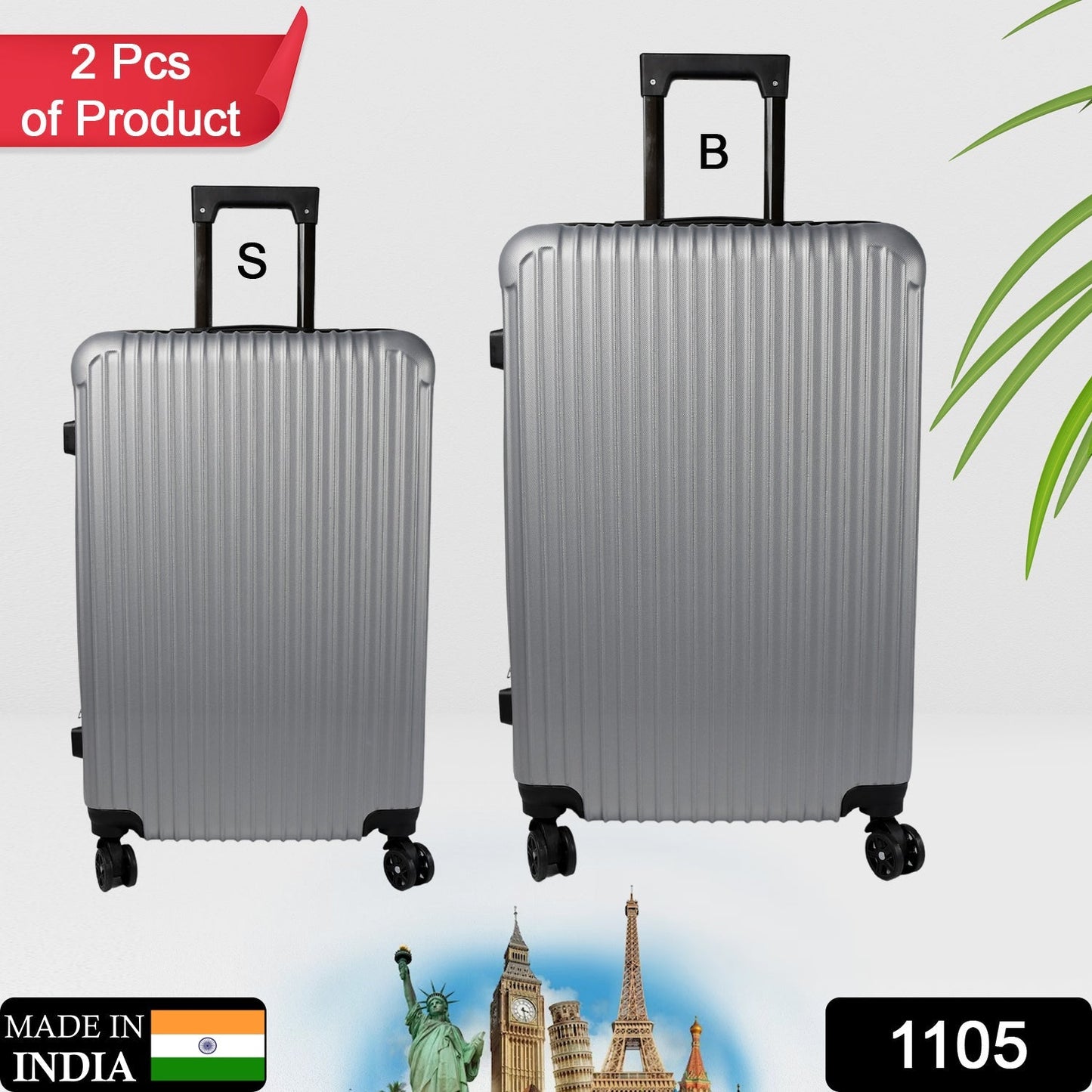 Two hard case trolley bags, big and small, in striking multi-colors, ready for travel.