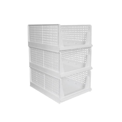 Stackable 3-layer closet organizer, perfect for efficient wardrobe clothes storage and decluttering.