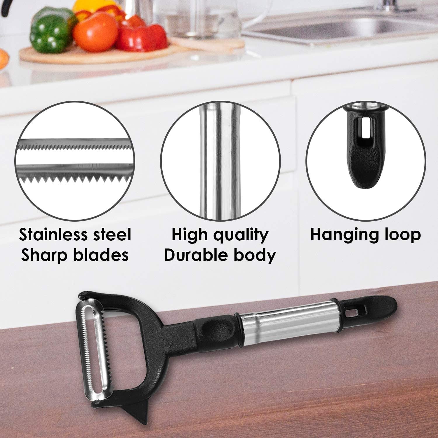 Top-down view of the dual-blade julienne vegetable peeler.