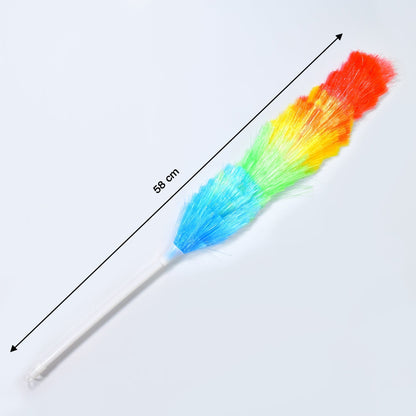 Long-handled microfiber duster reaching high shelves for dust removal.