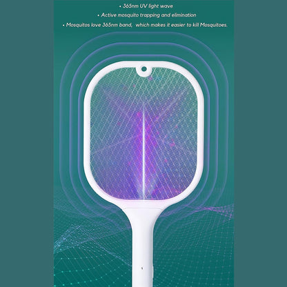 A white mosquito killer racket with a purple glowing grid is centered against a teal and green gradient background.