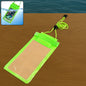 A bright green waterproof mobile pouch with a clear front is displayed on a wooden surface, with a small inset showing a