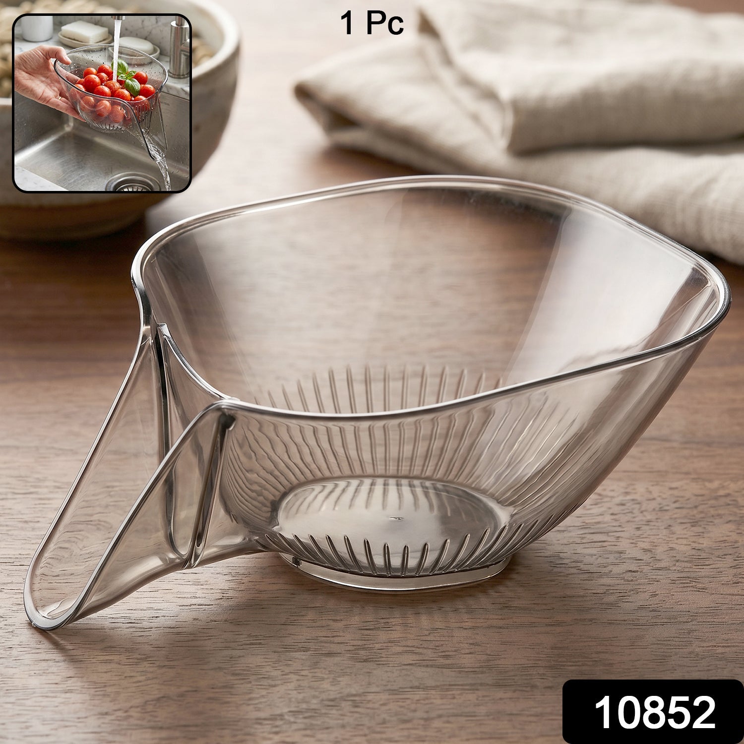 Strainer basket with SKU label in a kitchen setting