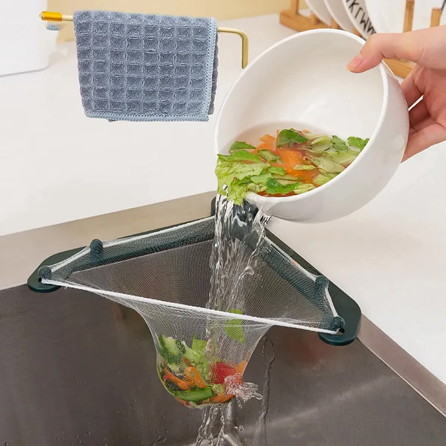 Close-up of the mesh bag in the Kitchen Sink Filter Basket, trapping small food particles.