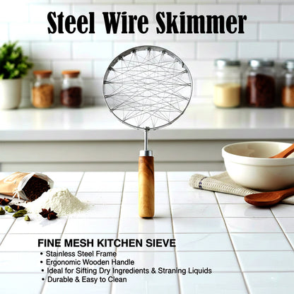 Heat-resistant wooden handle on stainless steel wire skimmer