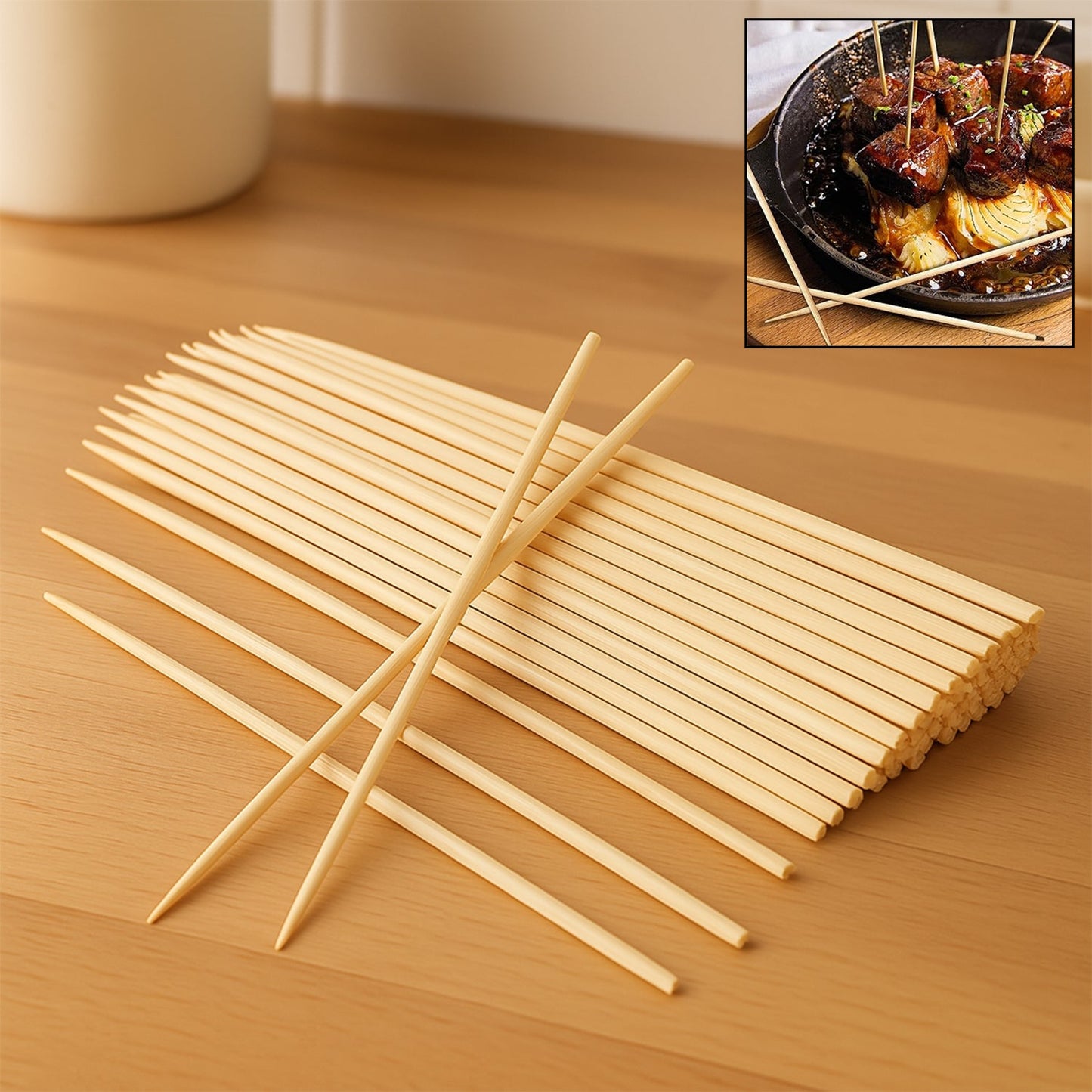Natural bamboo skewers neatly arranged on a wooden surface.