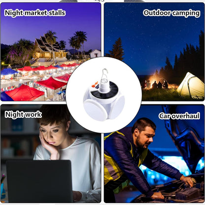 Solar Camping Light brightly illuminating an outdoor area after dark.