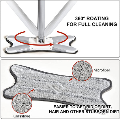 X-shape microfiber flat mop with a hands-free squeeze feature for quick wringing.