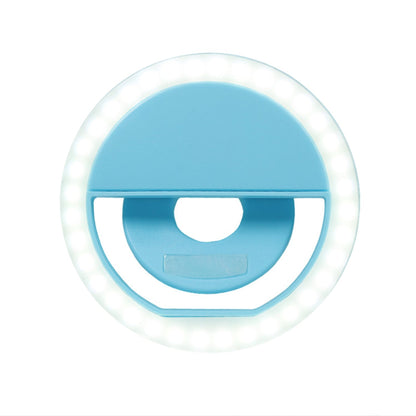 Portable selfie ring light demonstrating multiple brightness and color modes.