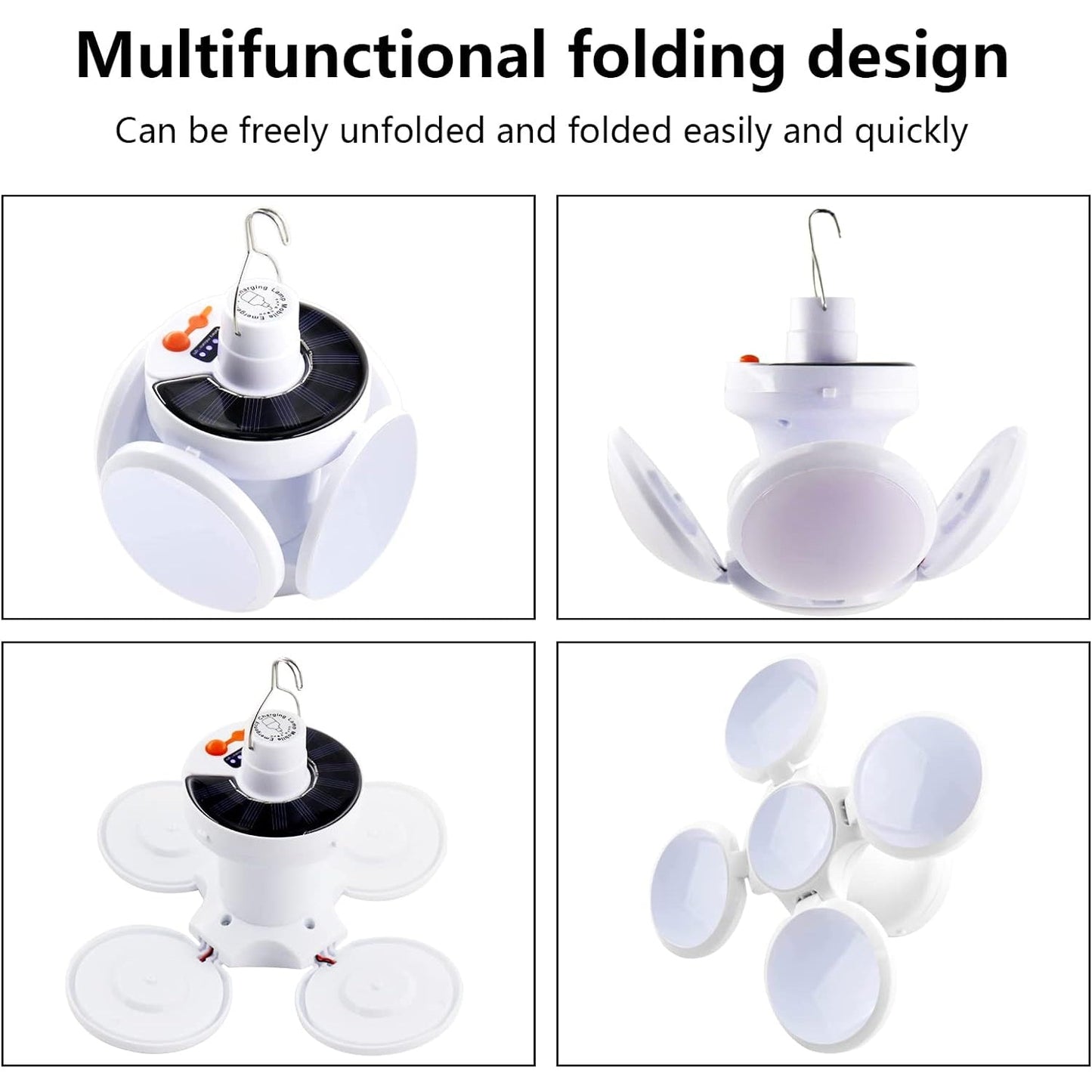 Four square images display the white solar camping light in various folded and unfolded positions, showcasing its versatile