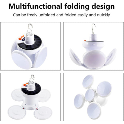 Four square images display the white solar camping light in various folded and unfolded positions, showcasing its versatile
