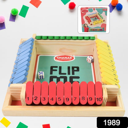 Colorful Shut The Box game pieces and dice set on a vibrant wooden board.