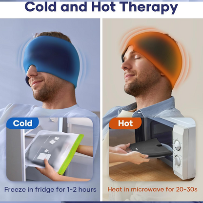 Person wearing the wearable Migraine Relief Cap, showing its flexible design.