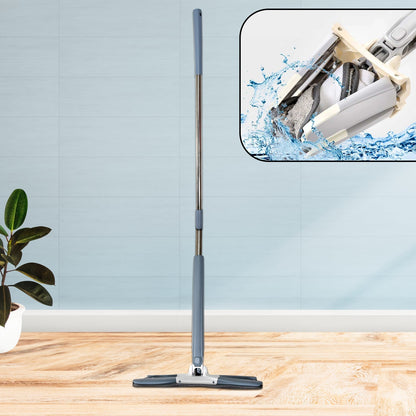 X-shape hands-free mop system with microfiber pad, ready for floor cleaning.