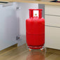 Stainless steel gas cylinder trolley with a full LPG cylinder on it, showcasing easy movement.