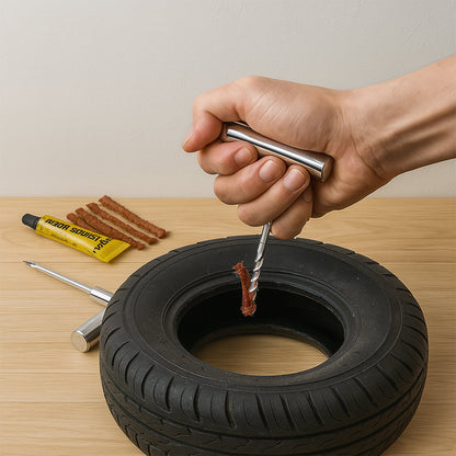 Close-up of the tire repair strings and insertion tool.