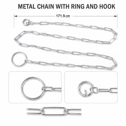 Stainless steel dog chain leash measuring 67 inches in size