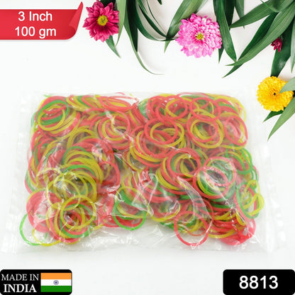 Durable, reusable rubber bands in assorted colors for office and home use.