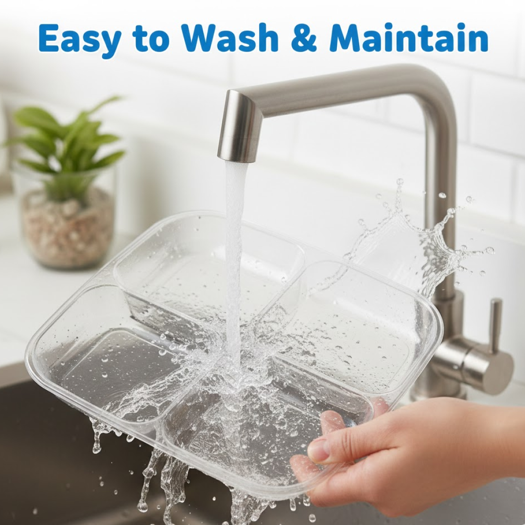 Plastic divided serving tray filled with snacks in separate compartments