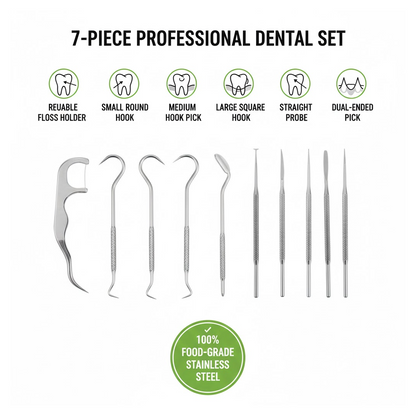 Detailed view of the reusable stainless steel floss pick, showcasing its design.