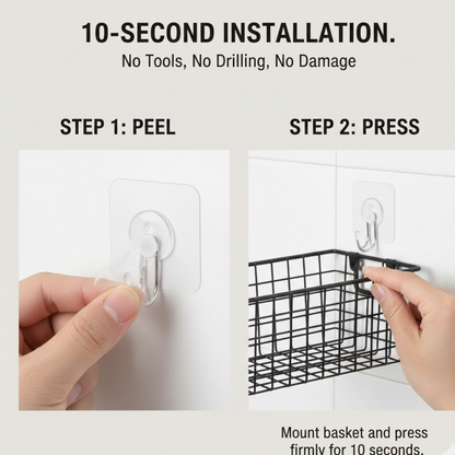 Close-up of black metal adhesive shower shelf with hooks for bathroom essentials