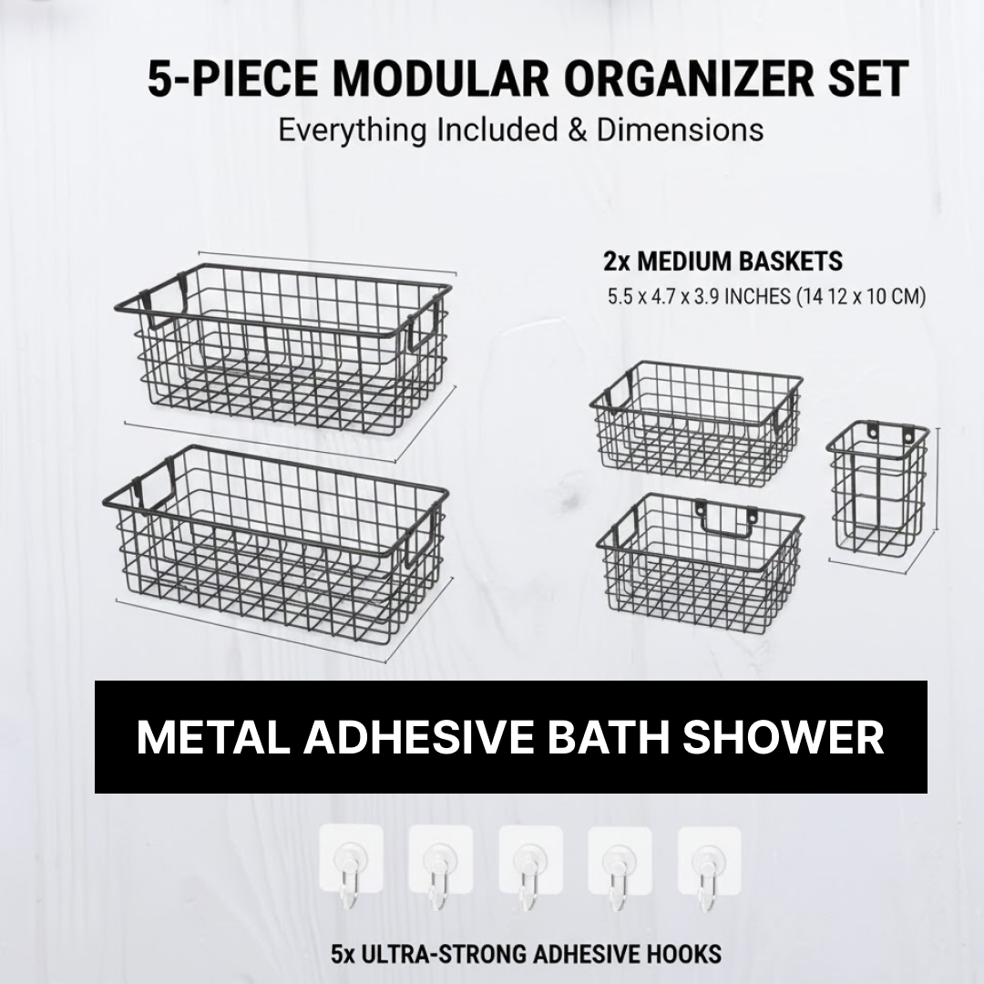 Set of five adhesive metal shower caddies easy to install without drilling