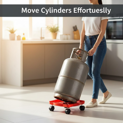 Person effortlessly pushing a heavy gas cylinder using the mobile plastic trolley.