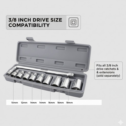 BoltForce branded packaging for the 3/8-inch drive socket wrench set.