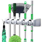 Wall mounted mop holder with 5 slots and 6 hooks for organized cleaning tools.