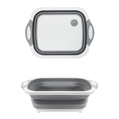 Overhead view of the multi-function foldable chopping board, dish rack, and washing bowl.