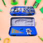 Bright red car shape compass box for kids, open to show stationery compartments.
