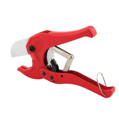 Ergonomic PVC pipe cutter making a clean cut on a plastic pipe.