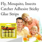 A family of three smiles behind a yellow package of four Fly Catcher sticky strips with black text.