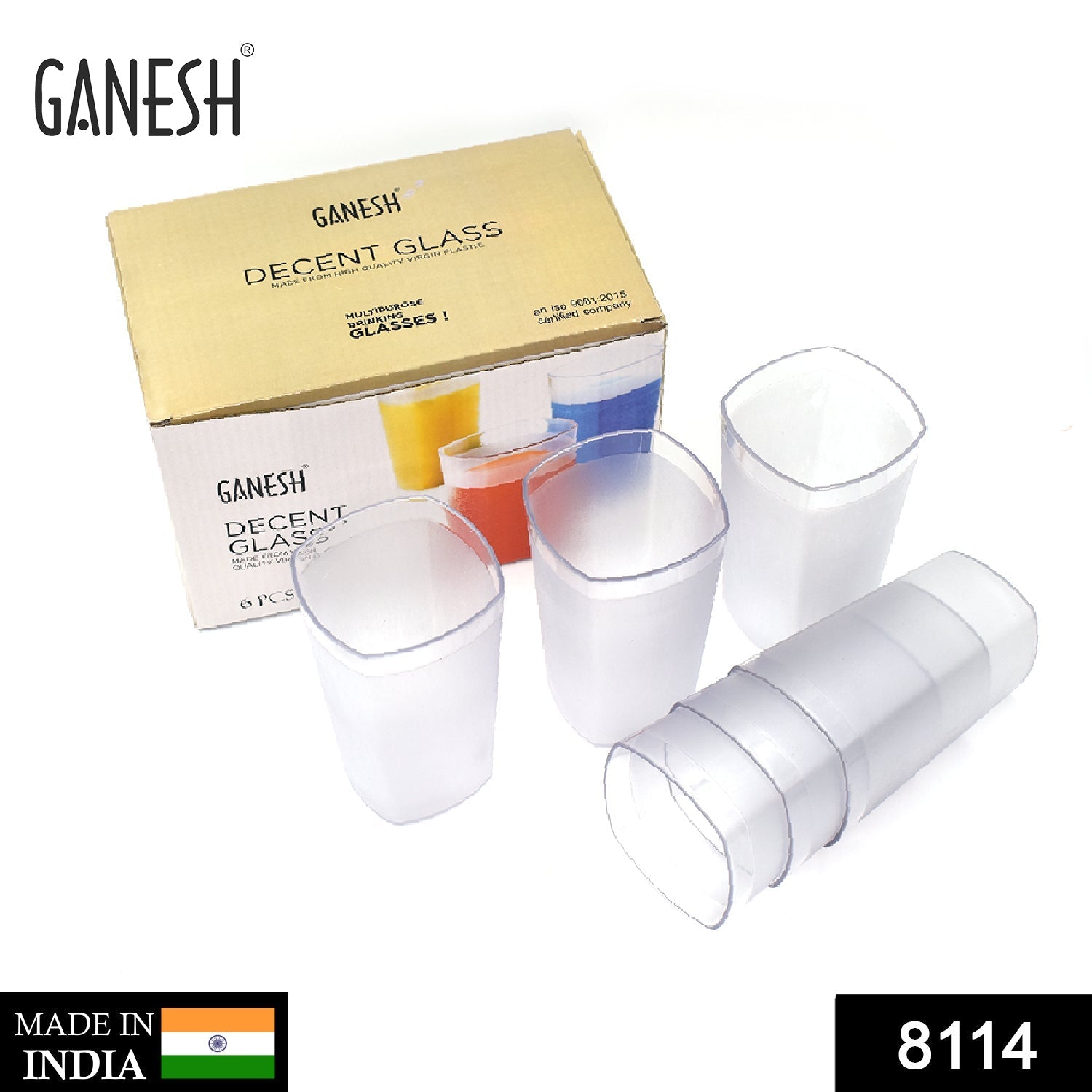 Complete Ganesh 350ml unbreakable plastic drinking glasses set, ready for use.