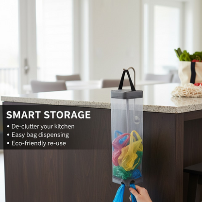 Side profile of the mesh hanging waste bag holder, highlighting its slim design.