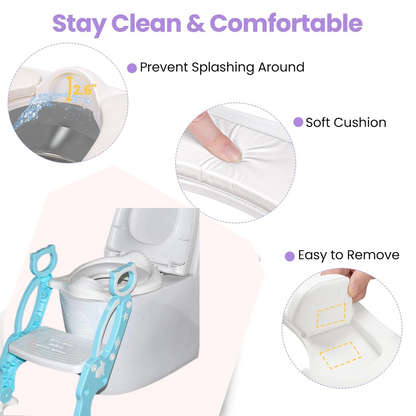 Toddler's step stool potty with a close-up of the non-slip wide step.