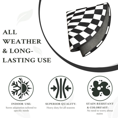 Black and white checkered 3D space rug with non-slip backing