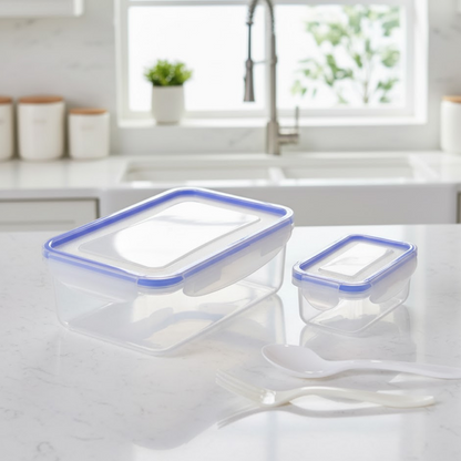 Detailed view of the lunch box parts, including the lid, base, and secure locking clips.