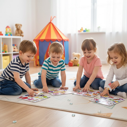 Two children happily solving colorful ABC learning puzzles together.
