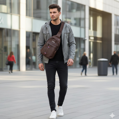 A man walking outdoors wearing a gray jacket and black jeans with a brown leather sling bag across his chest.
