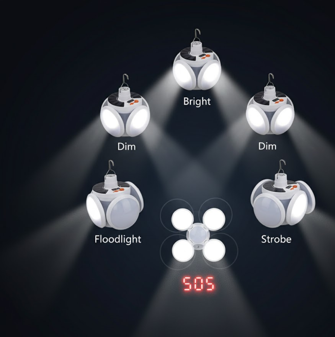 Five white solar camping lights demonstrate different lighting modes: Bright, Dim, Floodlight, Strobe, and an SOS signal.