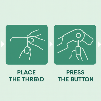 Automatic needle threader shown with a needle and thread, ready for use.