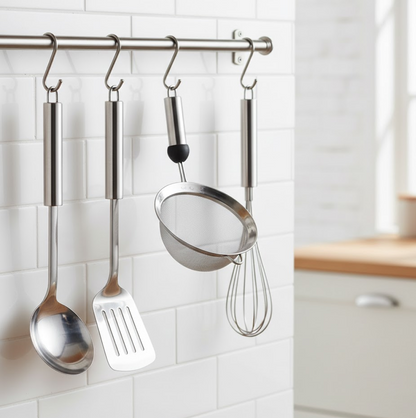 Close-up of the ergonomic handle and integrated hanging hole of the stainless steel strainer.